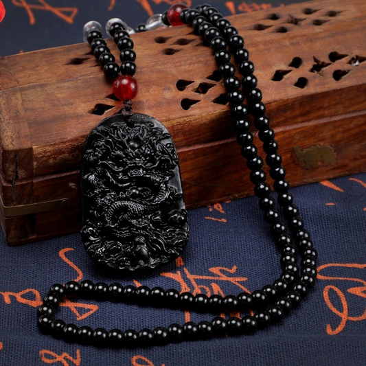 Chinese Dragon Guan Gong Pi Xiu Pendant Necklace - Obsidian Glass Couple Set with Buddha Symbol (Choose Your Design)