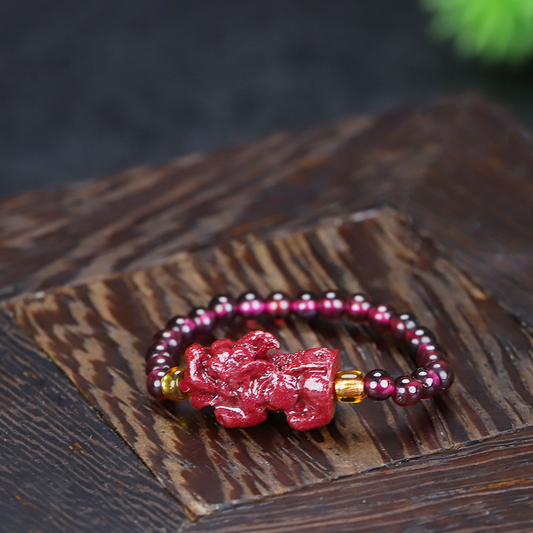 Pi Xiu Wealth Guardian Ring - Handmade Garnet & Cinnabar Adjustable Tail Ring with Purple Sand Stone (8 Styles Available)
