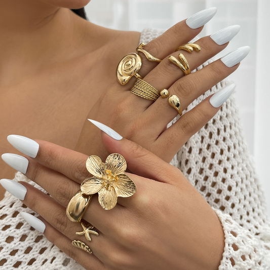 Beach-Inspired Ocean Shell & Flower Adjustable Ring Set for Women